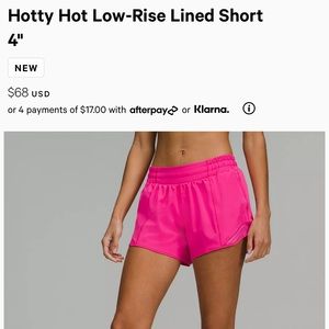New Lululemon Hotty Hot Low-Rise 4 inch Lined Shorts Size 6 in Sonic Pink!